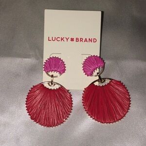 Lucky Brand Gold Tone Pink & Red Raffia Double Drop Earrings NWT